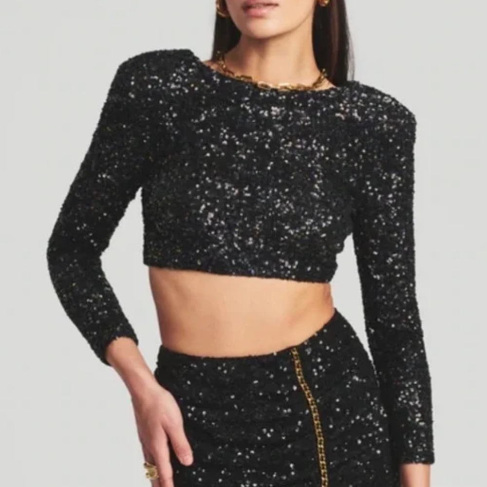 NWT Flawed Retrofete Rain Black Sequin Cropped Long-Sleeve Top L